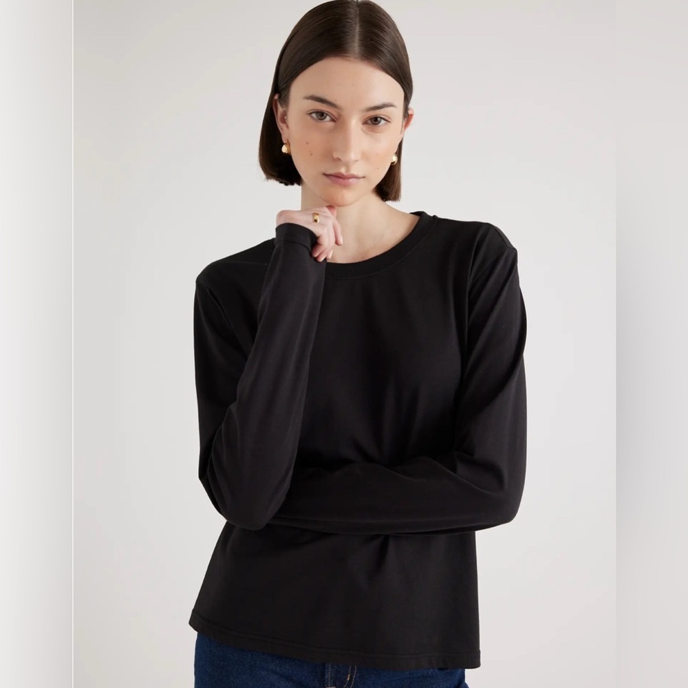 Quince Women's XL Black Cotton Modal Blend Relaxed Boxy Long Sleeve T-Shirt Top - Picture 4 of 13